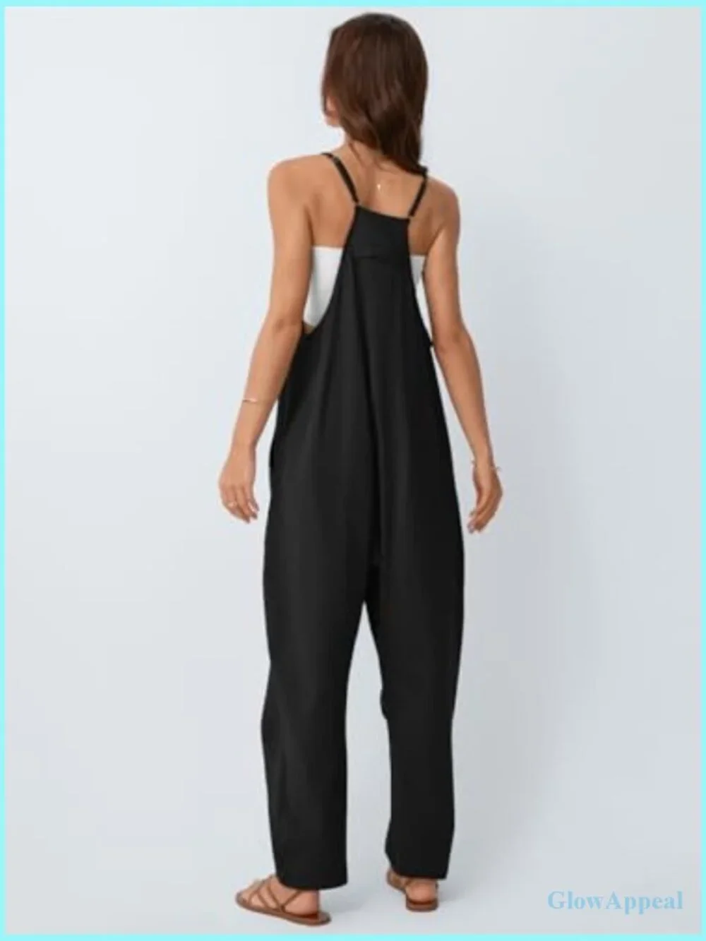 Sleeveless V-Neck Cotton Romper with Side Pockets, Loose Fit Summer Jumpsuit